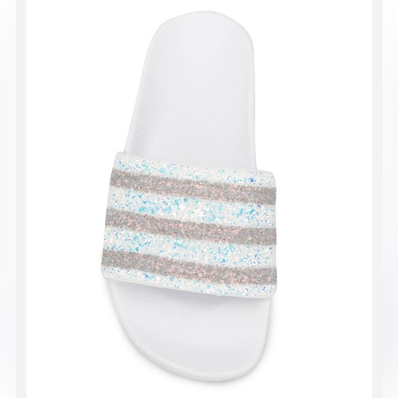 adidas Shoes - ADIDAS "Adilette" White Glittery Stripe Slip On Slide Sandal